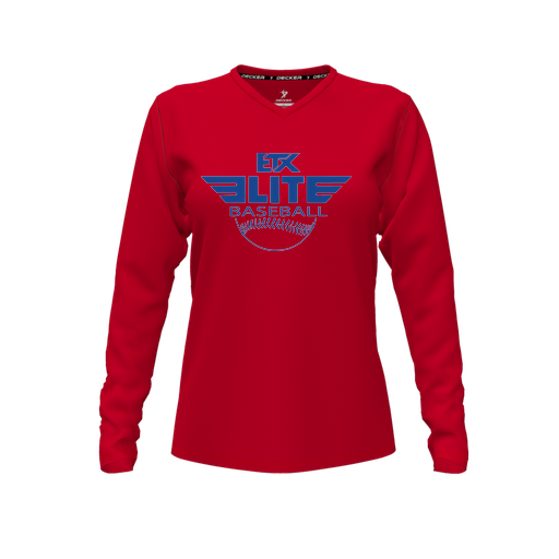 [CUS-DFW-TEES-PER-VNK-LSL-RED-FYXS-LOGO1] Decker Performance T-Shirt (Female Youth XS, Red, V Neck, Logo 1, Long Sleeve)